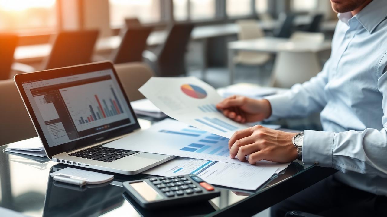 Auditor revisando facturas, contratos y respaldos contables de un edificio