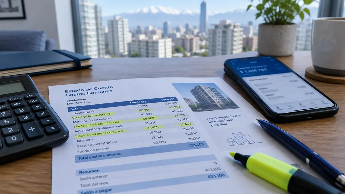 Estado de cuenta de gastos comunes de un condominio con partidas destacadas, calculadora y celular sobre la mesa